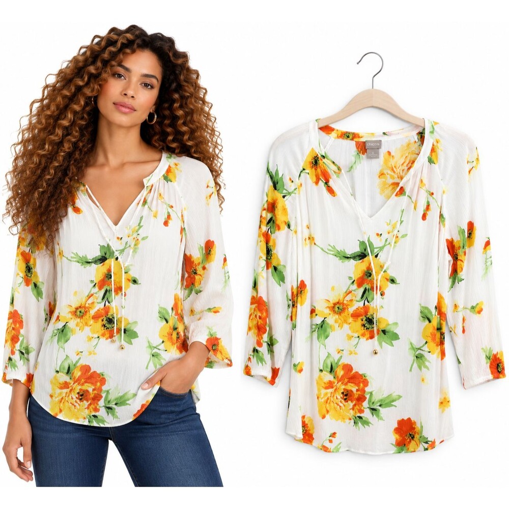 Chicos Floral Blouse Size Small Yellow Floral Textured Gauze 3/4 Sleeve Boho